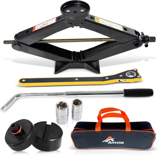 Car Jack Kit with Tesla Pad & Universal Rubber Pad | Scissor Jack for Car 3 Ton (6,600 lbs) - Tire Jack Tool Kit | Portable, Ideal for SUV and Auto - Universal Car Emergency Kit with Lug Wrench