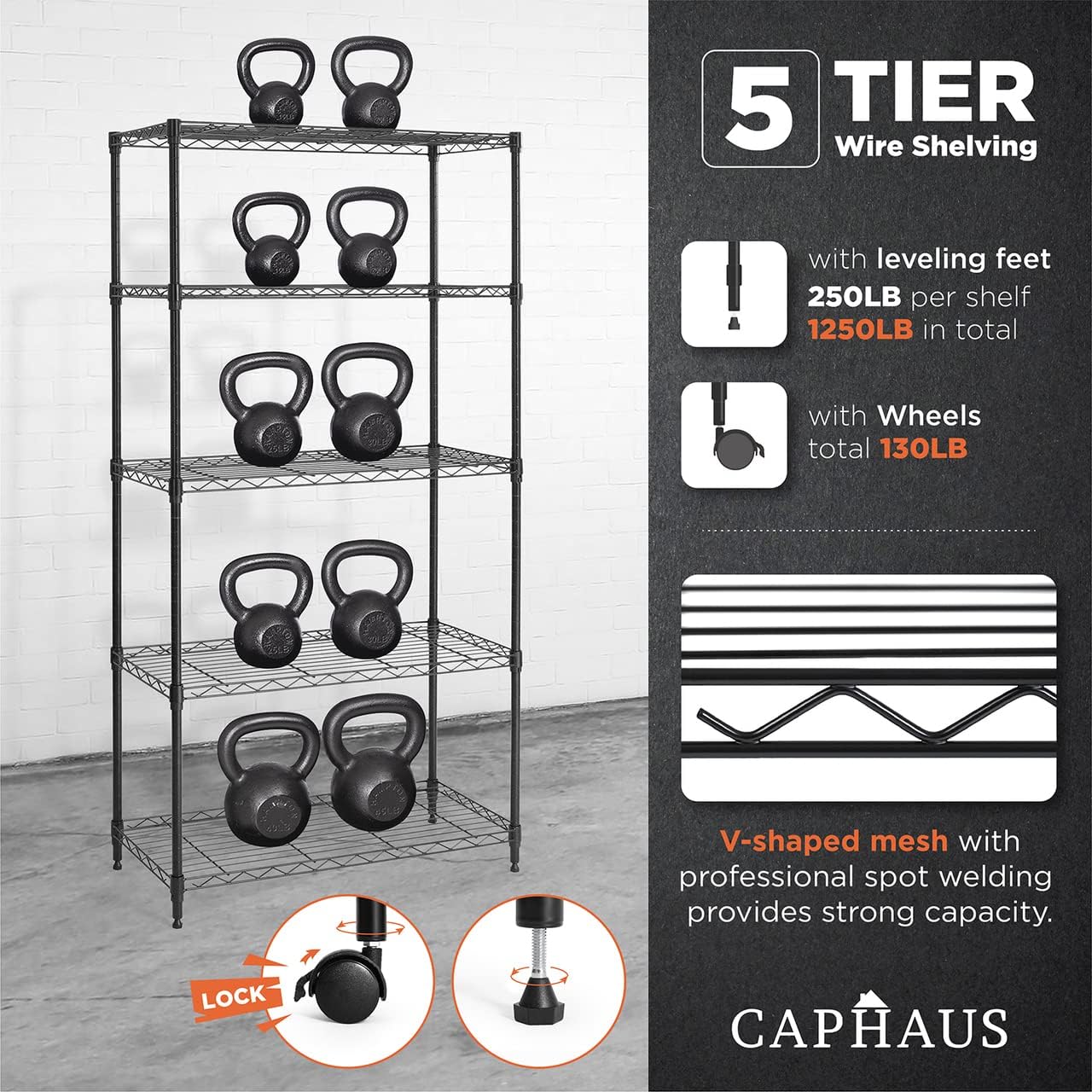 CAPHAUS 3/4/5-Tier Adjustable Height Wire Shelving Unit, Wire Rack Shelving, Metal Steel Storage Shelves, Garage Shelving Storage Organizer, Utility Storage Shelf, 5-Tier With Wheels, Black