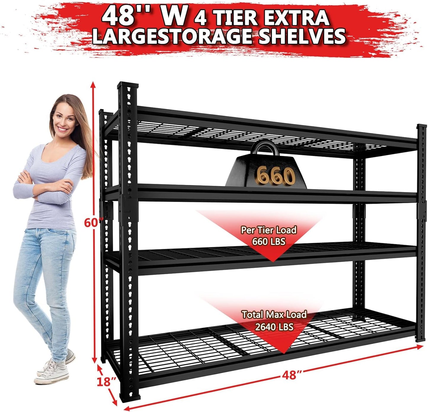 Storage Shelves 2PCS, Garage Shelving Heavy Duty 2640LBS Capacity, 48"L x 18"W x 60"H Adjustable Metal Shelving Organizer Wire Rack, 4 Tier Utility Shelf Unit for Pantry Closet Warehouse Organization