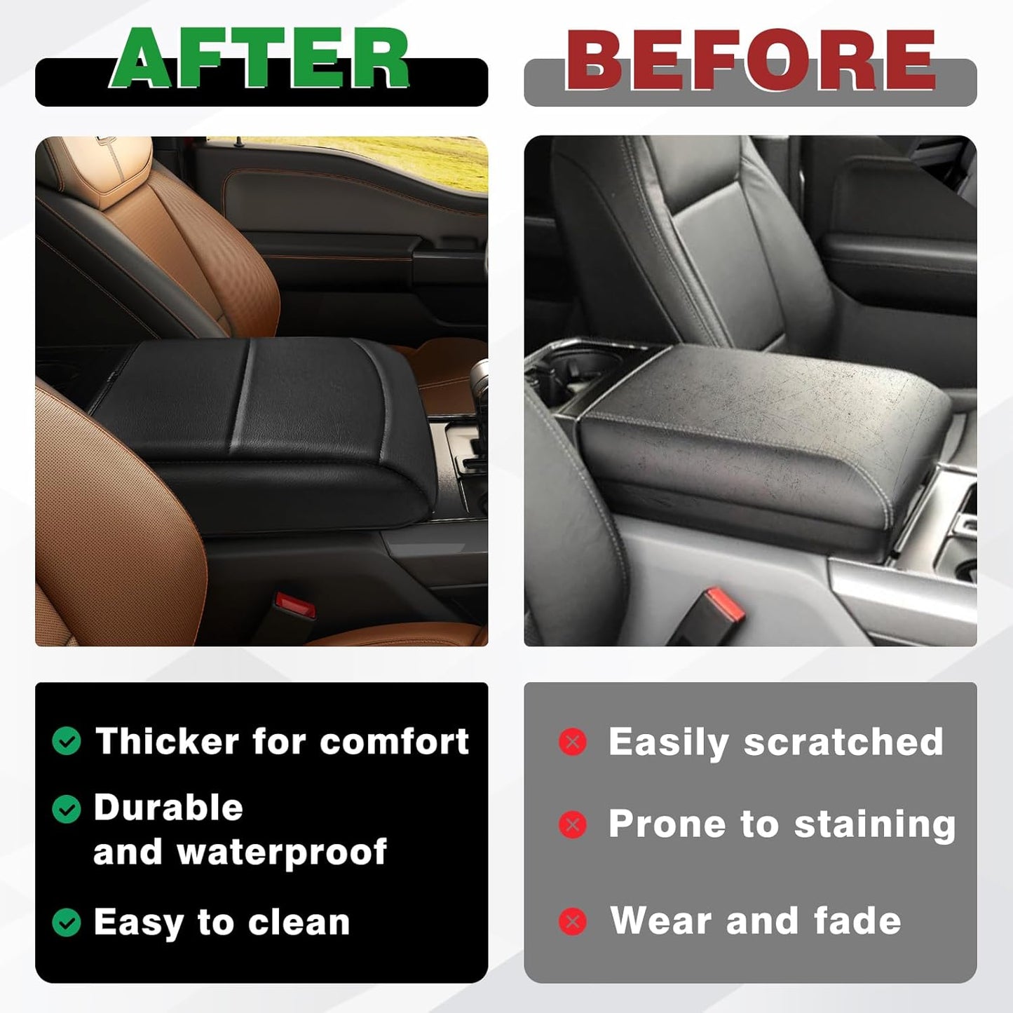 Muslogy Center Console Armrest Cover Compatible with Ford F150 2021-2024 2025 Comfort Armrest Pad Arm Rest Cushion Vegan Leather Protector 1-Inch Extra Thick(Bucket Seat ONLY)