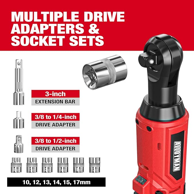 Alloyman 3/8" Cordless Ratchet Wrench Set, 44FT-LBS(60N.m) Electric Ratchet, 2 X 20V Chargeable Power Ratchet Wrench Set with Variable Speed, LED Light, 6 Sockets, 1/4" Adapter, 3" Extension Rod
