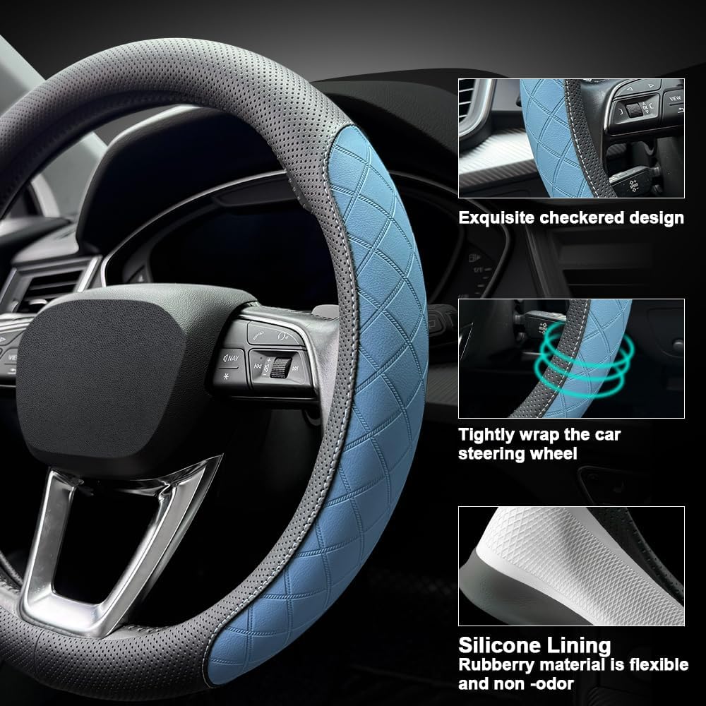 LKWLIKEI Nappa Leather Steering Wheel Cover,Elegant Diamond Checkered Design, Non-Slip wear-Resistant, Enhance Driving Comfort, Suitable for Steering Wheel Diameter 14 1/2‘-15’ Models.Black Blue