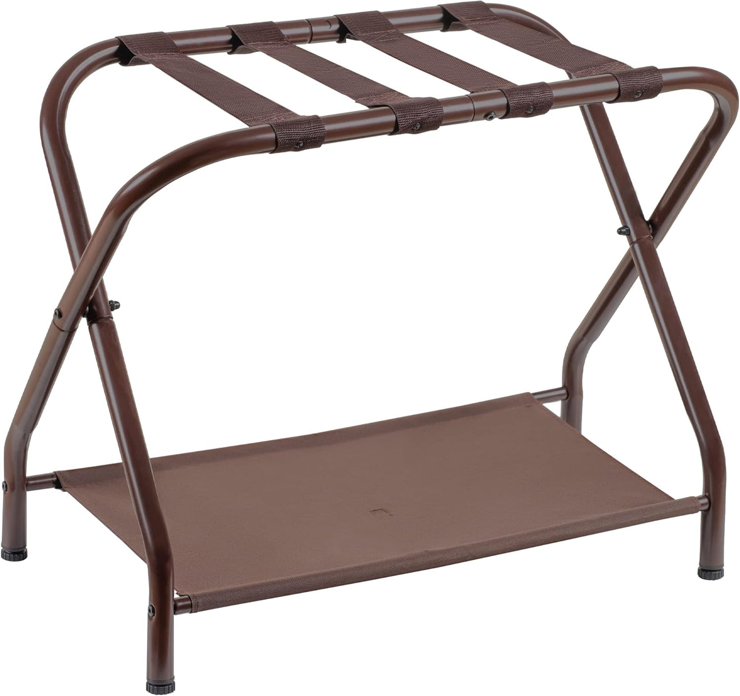 Heybly Luggage Rack, Steel Folding Suitcase Stand with Storage Shelf for Bedroom, Hotel, Foldable Steel Frame, Guest Room Bedroom Hotel, 22.8" L x 11.8" W x 20.9" H, Brown HLR004Z1