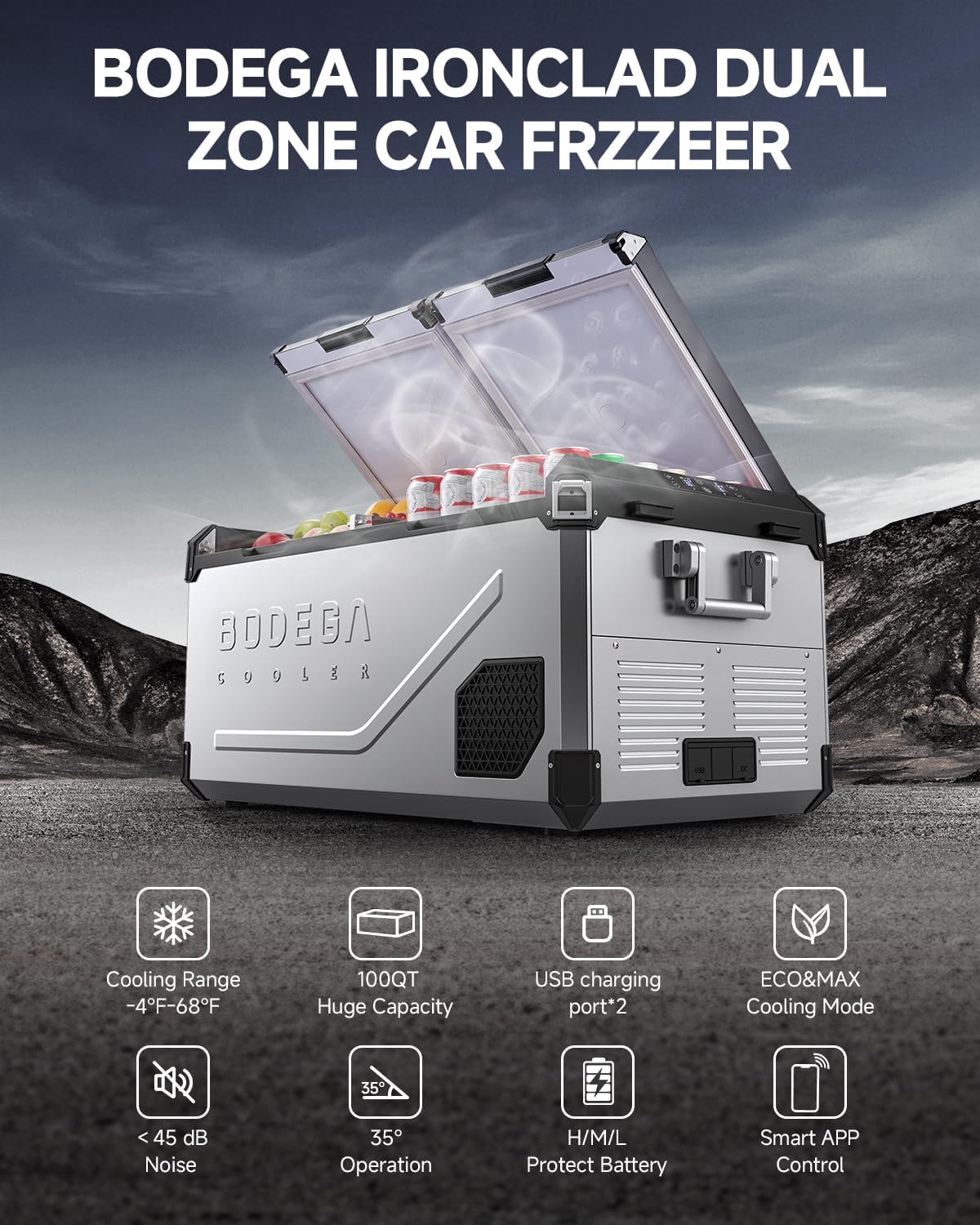 BODEGACOOLER 12 Volt Car Refrigerator, 100Quart (95L) Dual Zone Car Fridge APP Control, Portable Freezer, -4℉-68℉ RV Electric Cooler 12/24V DC &100-240V AC for Outdoor, Camping, Travel