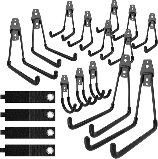 QcoQce 18 Pack Extension Cord Hooks with Wall Mount, Heavy Duty Utility Hangers for Hose, Wires, Cables, Garage Organization with Anti-Slip Design, Screws Included (Black)