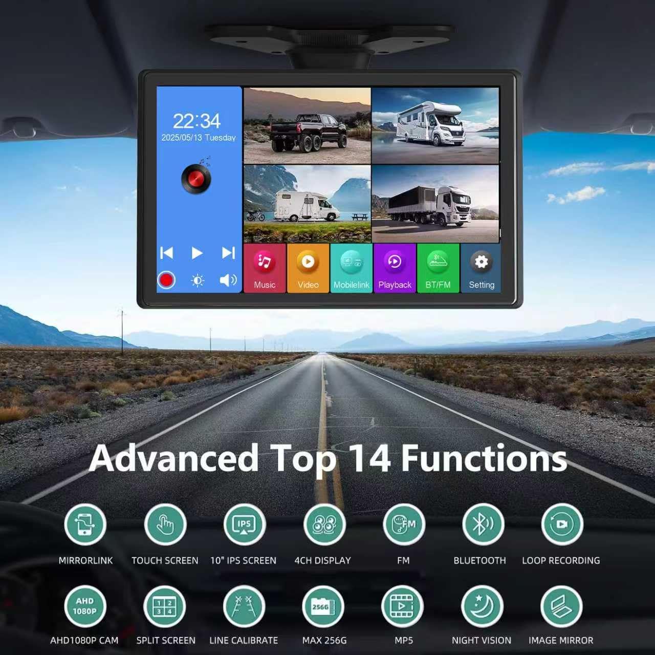 4K RV Backup Camera System,10.1" Quad Split Touchscreen Monitor with 4 1080P Nightvision Cameras, Bluetooth Music USB Video Play with DVR Recording for RV Truck Trailer Van