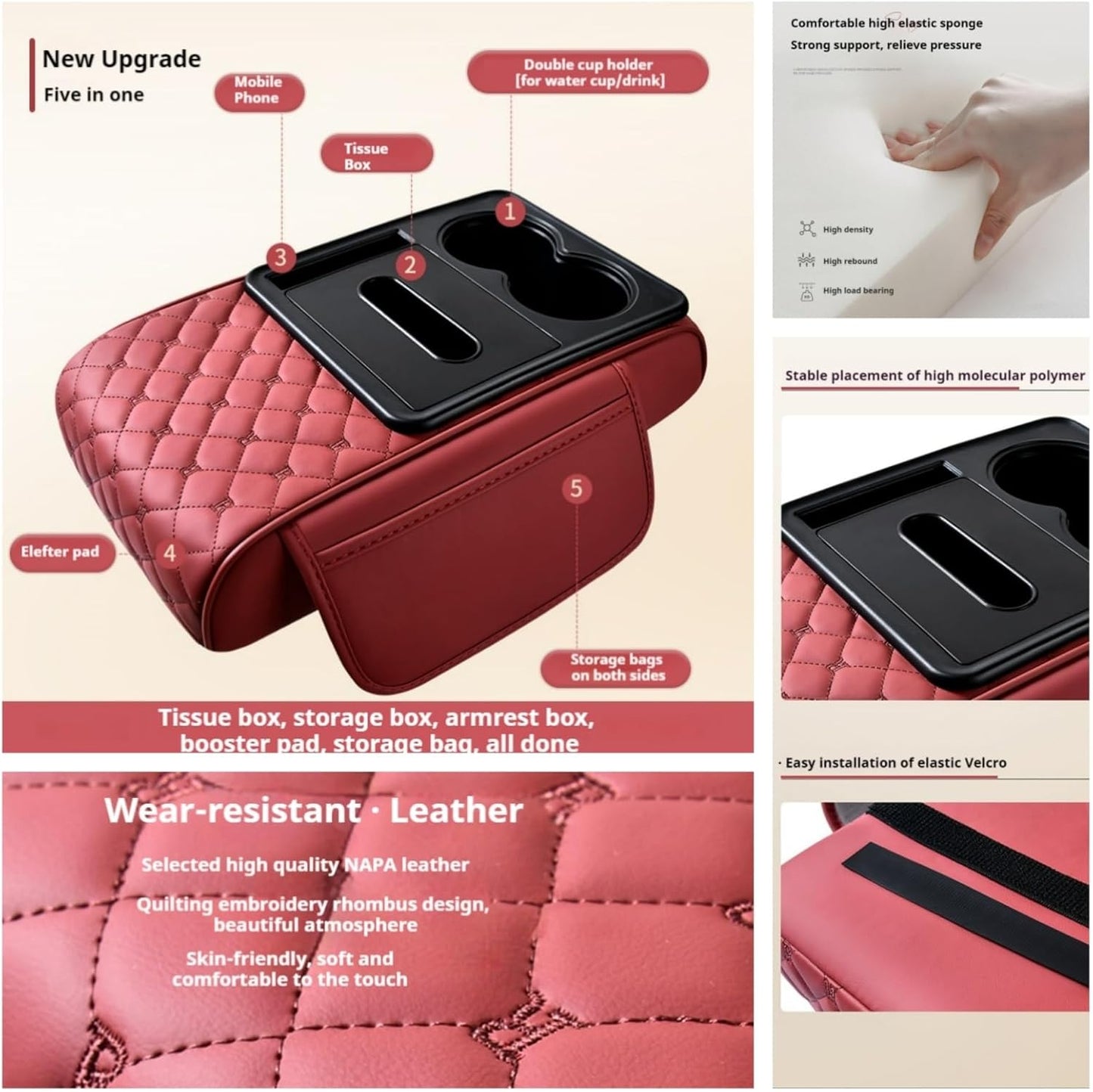 Center Console Cover Organizer, 5-in-1 Arm Rest Cover for Car with Cup Holder & Storage Pocket & Tissue Holder, Armrest Cover Cushion Pad, Grid, Grey