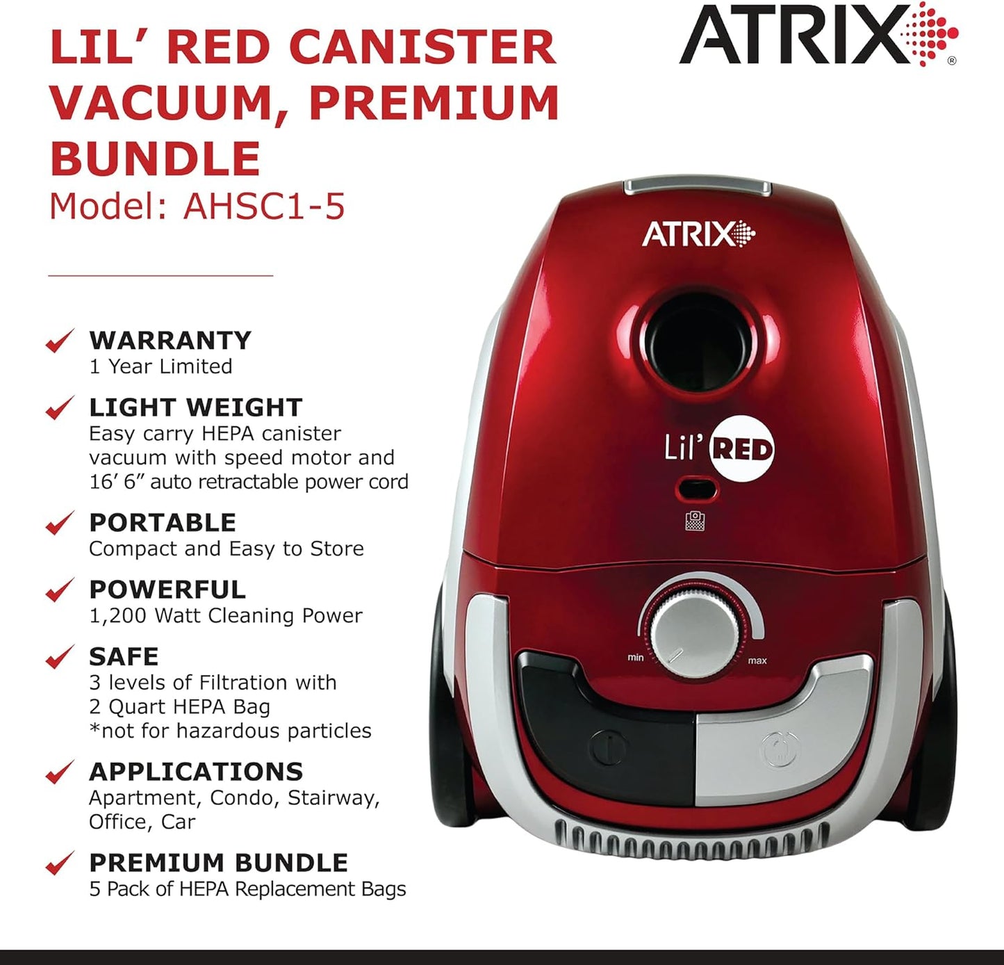 Atrix Red Lil Portable Canister Vacuum Cleaner with 2-Quart HEPA Filter & Variable Speed Motor – Premium Bundle for Home & Carpet Cleaning, Includes Accessories
