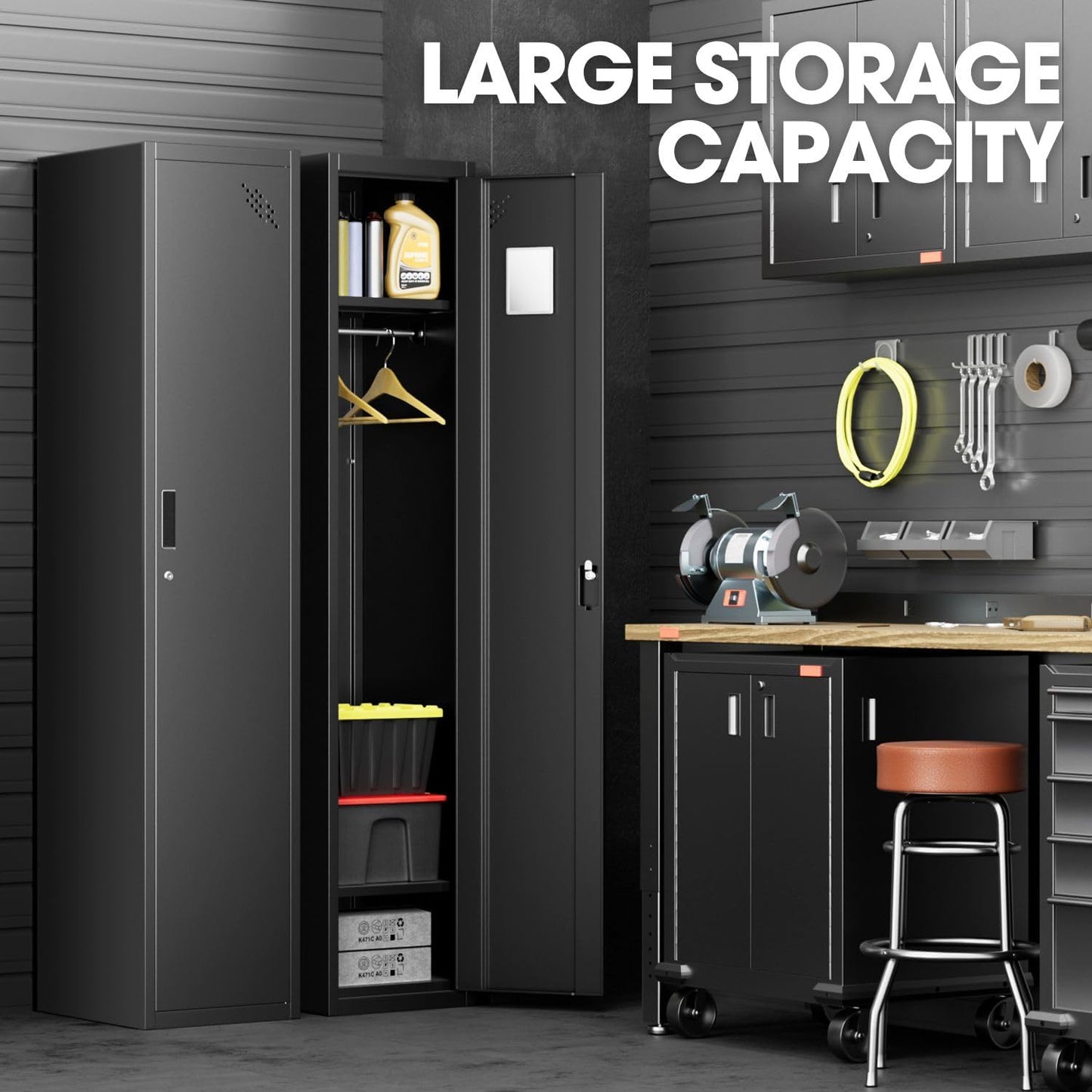 DNA MOTORING Metal Storage Cabinet for Employees with Keys, 71" Employees Metal Locker with 1 Doors, Tall Storage Lockers for Garage,Office,Home,Gym, Black, TOOLS-00787-BK-BK