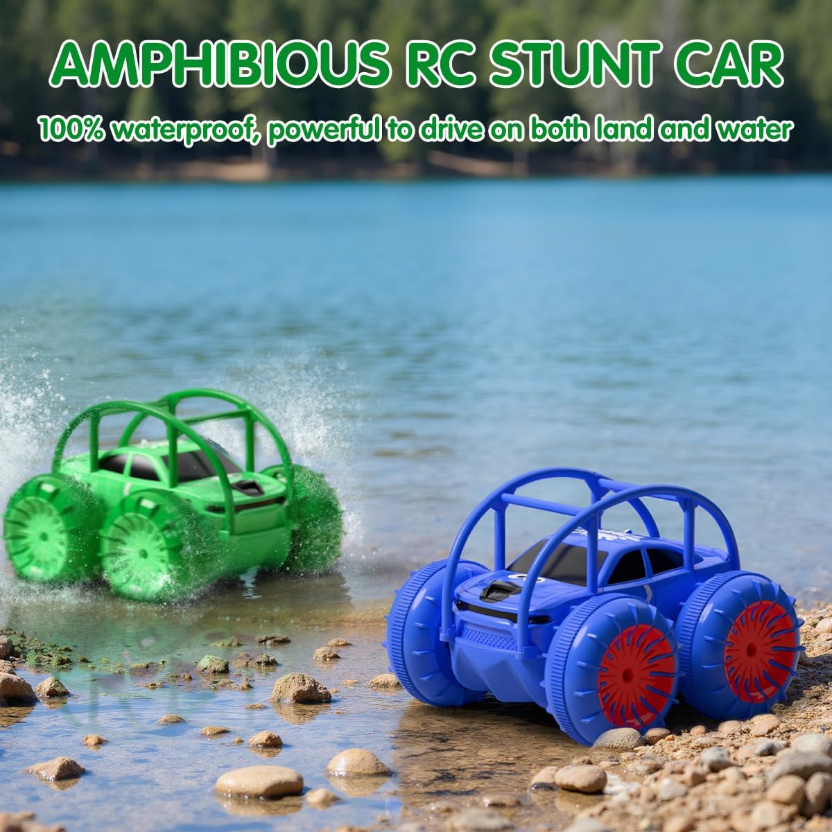 Remote Control Car, Fast Direct Charging RC Cars Amphibious Rechargeable Stunt Car 360° Rotating LED 2.4Ghz 4WD All Terrain Waterproof Cars Toy Christmas Birthday Gift Kids Boys 3-12 Years