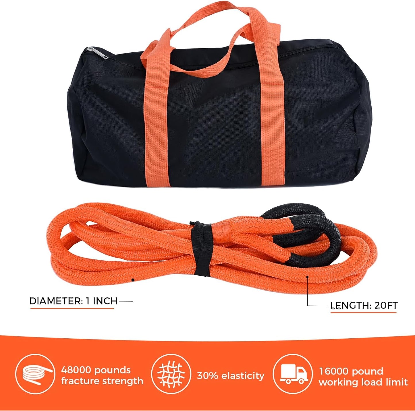 Kinetic Recovery Tow Rope, 48000LBS Snatch Strap with Soft Shackles, Extreme Duty 30% Elasticity Energy Offroad Towing Straps Kit for Car Jeep Trucks SUV UTV ATV Tractor - 1" x 20ft, Orange