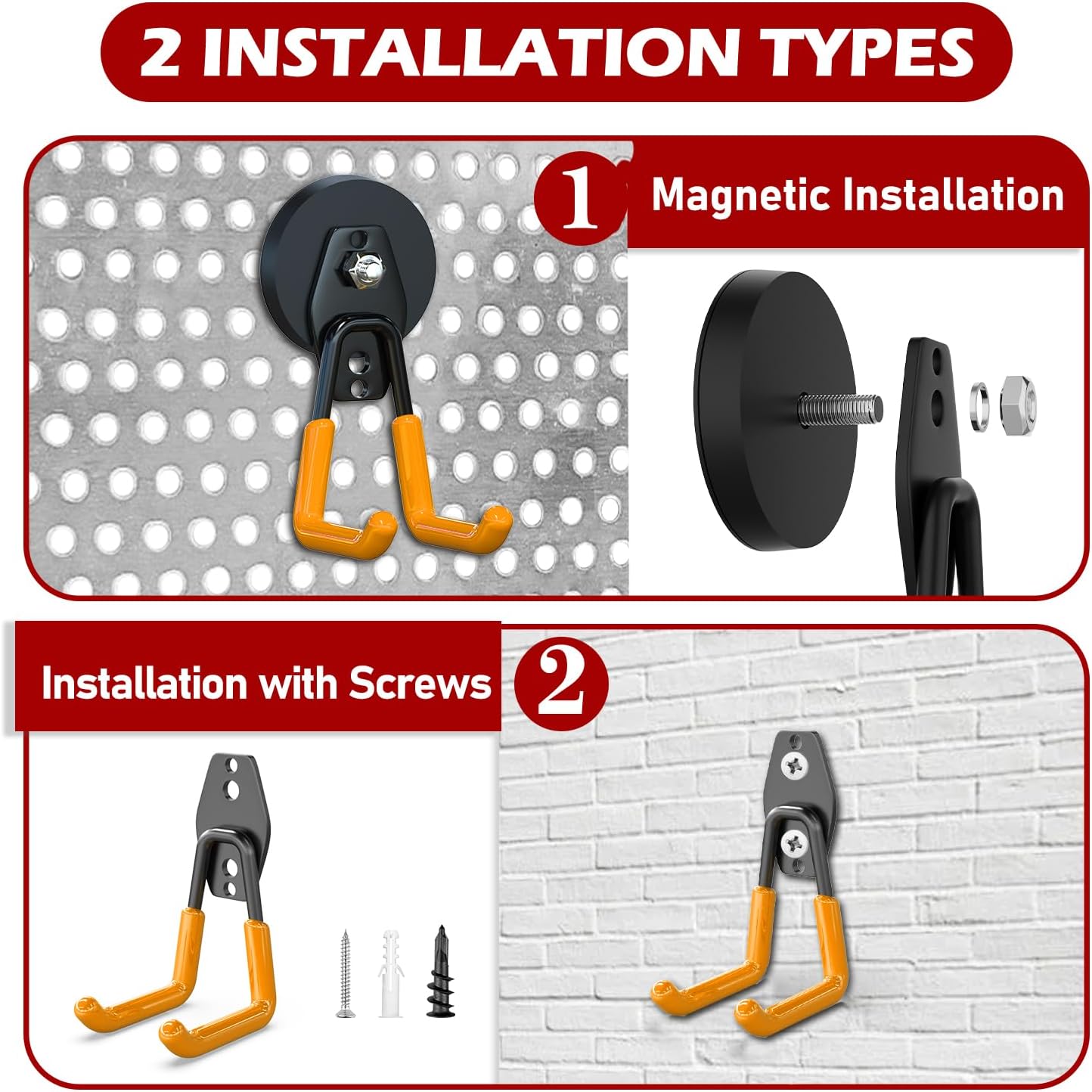 3-H Heavy Duty Magnet Garage Hooks 4 Pack, Large Strong Magnetic Hooks for Hanging Cordless Power Drill, Utility Magnetic Tool Holder for Metal Cabinet, Steel Pegboard, Toolbox, Garage(Orange)