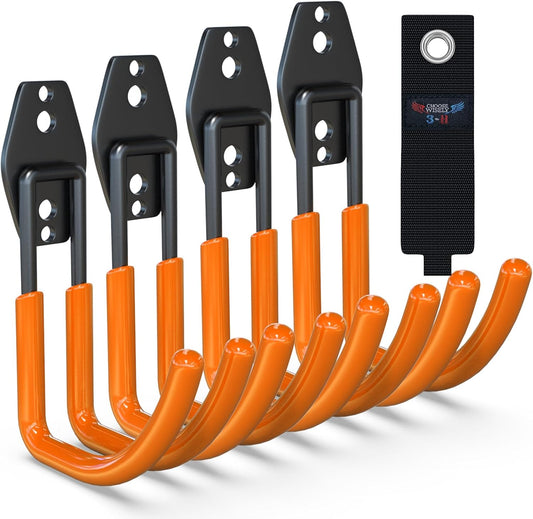 3-H Garden Hose Holder Wall Mount 4 Pack,Solid Steel Hose Hanger,Water Hose Holders for Outside,Perfect for Hanging Outdoor Air Hose,Ropes,Pipes,Garden Tools,Ladders,Bikes,Bulk Items(Orange)