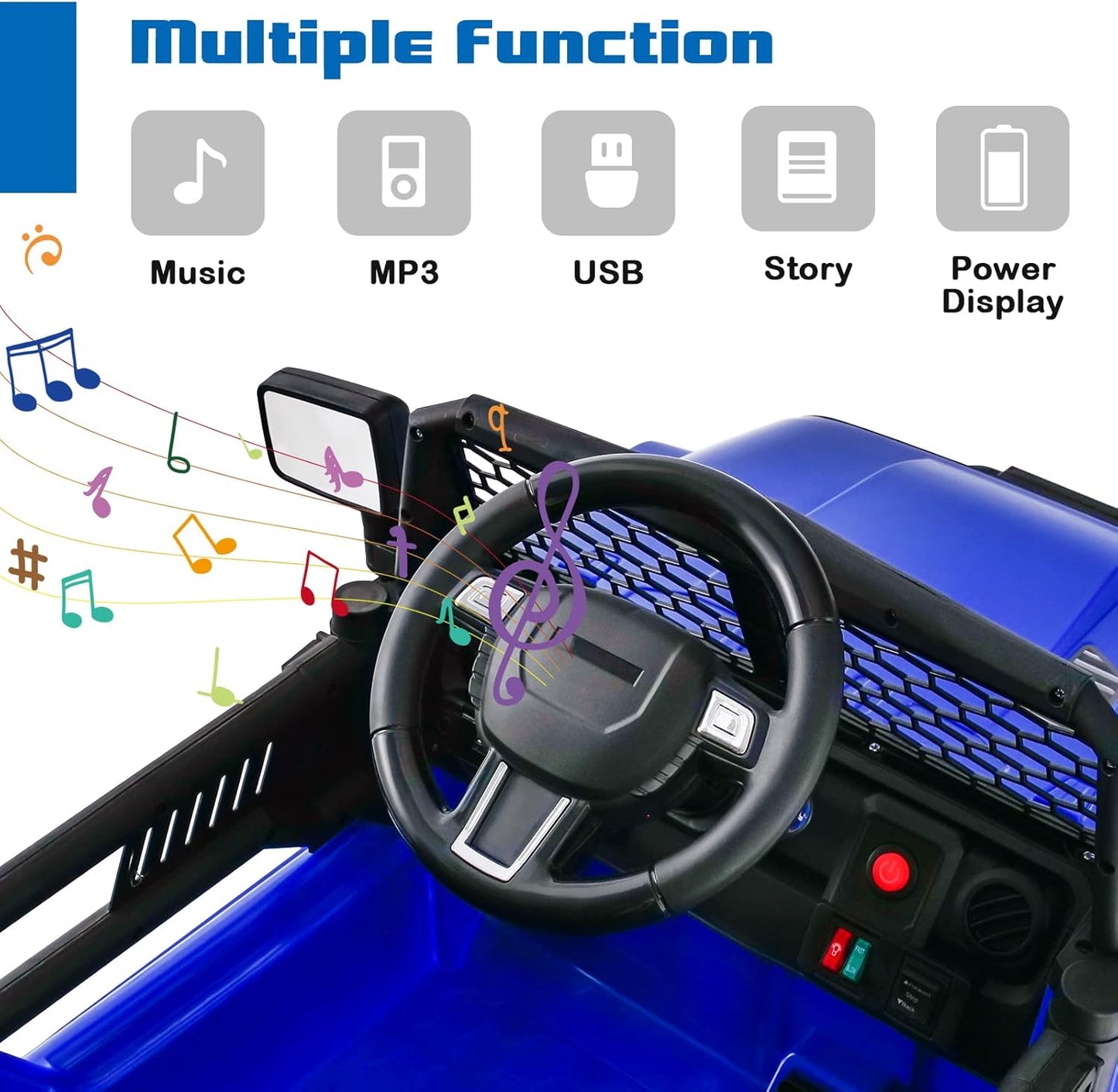 OLAKIDS Kids Ride On Truck, 12V Electric Vehicle Car with Remote Control, Toddlers Battery Powered Toy with 2 Speeds, Spring Suspension, Double Open Doors, LED Lights, TF, Music, USB, Mp3 (Blue)