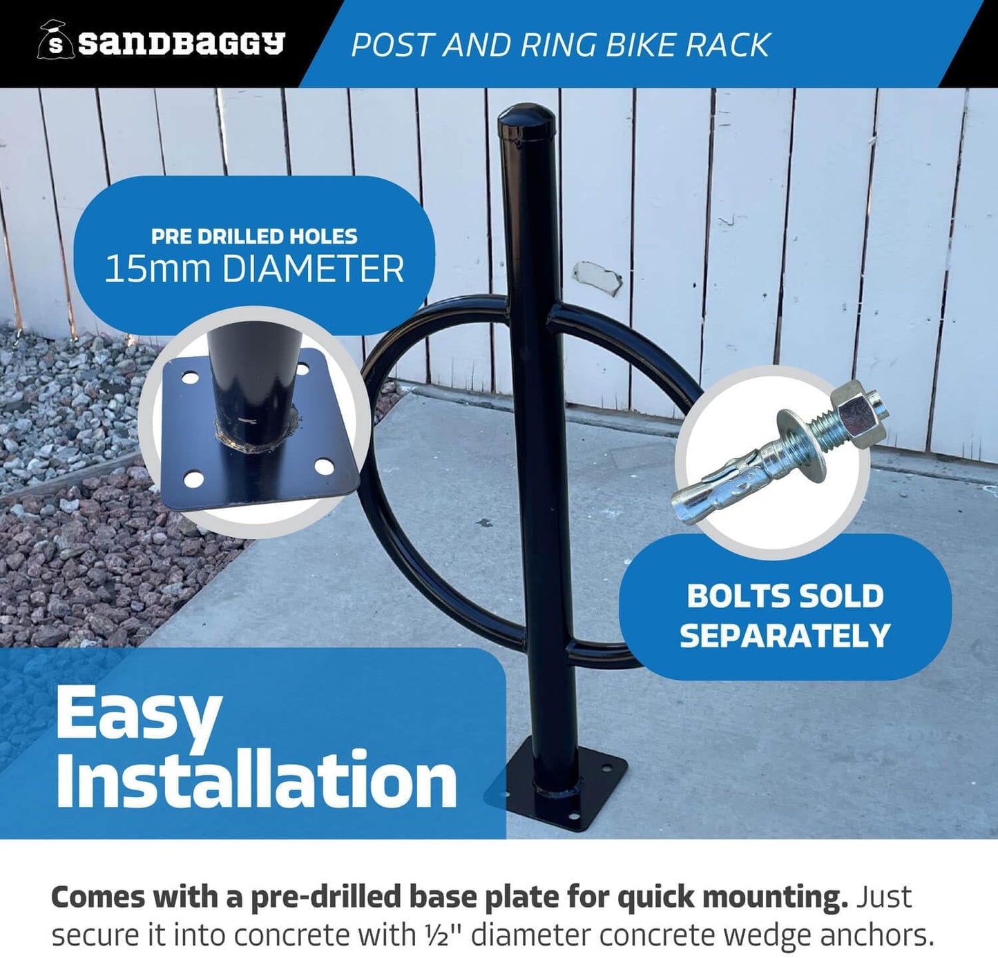 Sandbaggy Post and Ring Bike Rack - Commercial Bike Racks - Galvanized Steel - Anti-Theft Design - In Ground, Apartments, Sidewalks, Industrial (Gray, 20)