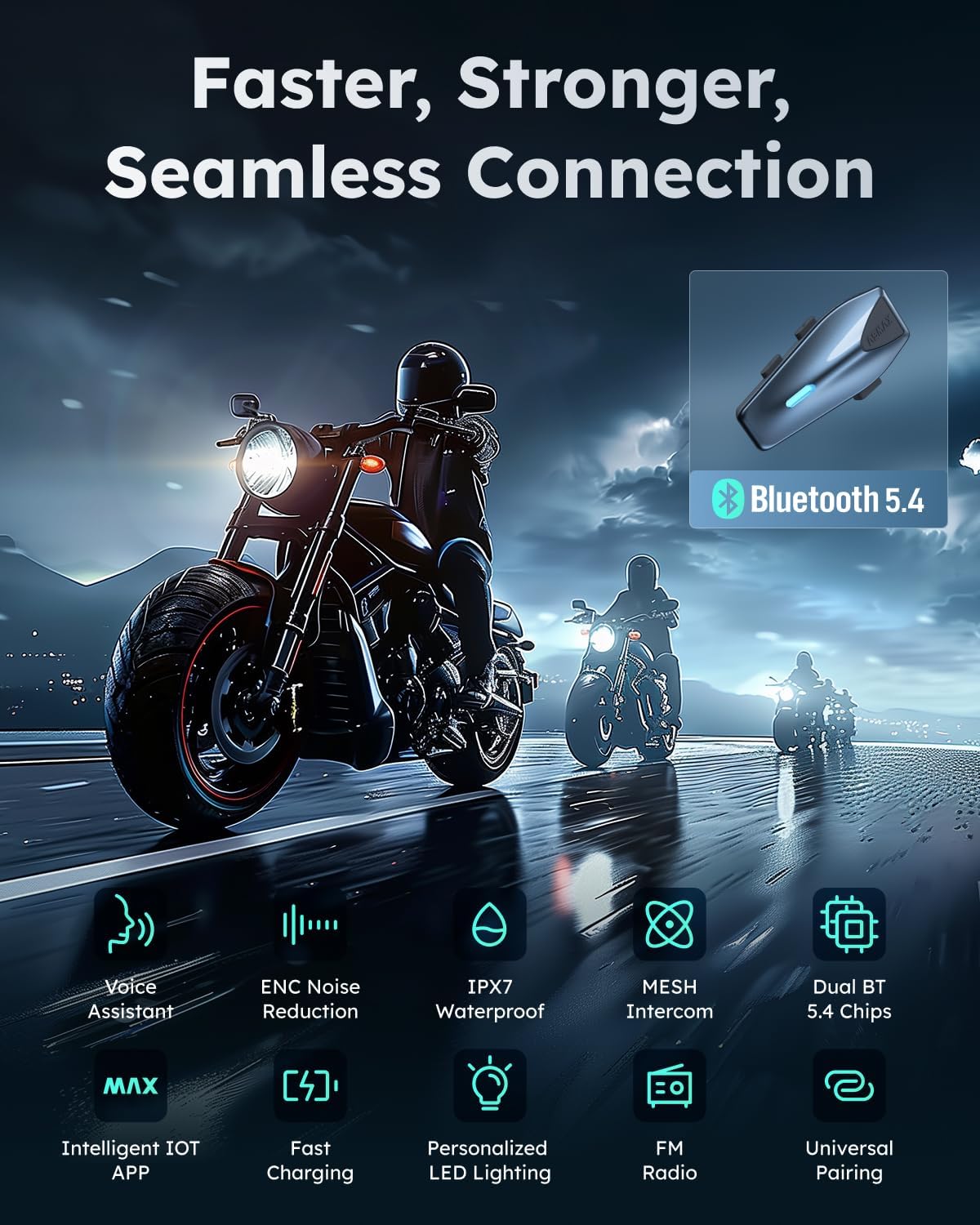 S1 Motorcycle Bluetooth Headset with 3 Intercom Modes, 8-Rider Mesh Communication, AI Voice, FM Radio, Auto Volume, Waterproof, Fast Charging for Helmet/ATV/UTV/Snowmobile, 2 Pack(Blue)