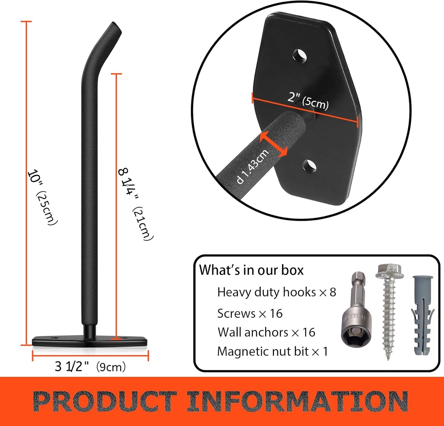 8 Pack Tire Storage Rack Wall Mount, 10in Large Garage Hooks Heavy Duty, Tire Hooks for Garage Wall, Wheel Hanger for Organizing Ladder, Folding Chairs (88lbs)