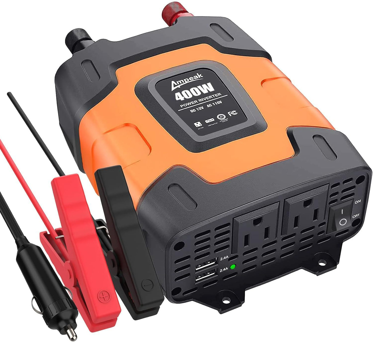 Ampeak 400W Power Inverter 4.8A Dual USB Ports 2 AC Outlets Car Inverter DC 12V to AC 110V 11 Protections for Devices