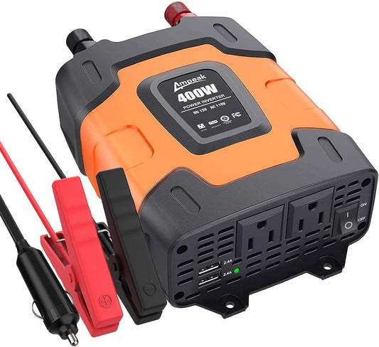 Ampeak 400W Power Inverter 4.8A Dual USB Ports 2 AC Outlets Car Inverter DC 12V to AC 110V 11 Protections for Devices