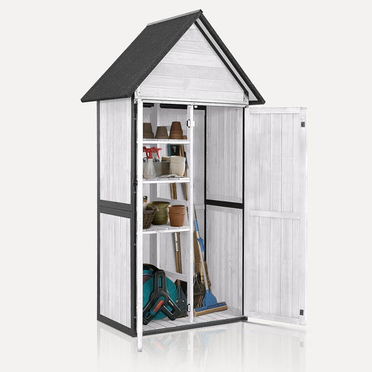 Outdoor Storage Shed with Floor and Waterproof Roof - Metal Framed Tool Cabinet with Adjustable Shelves - Double Lockable Doors for Backyard, Garden, Patio (Off-White)