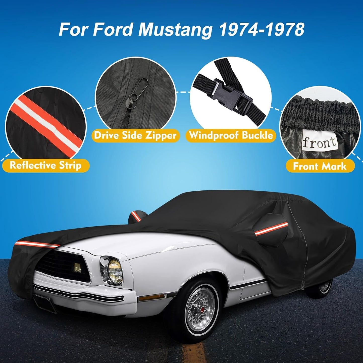 QUNSUNUS Waterproof Car Cover for Ford Mustang 1974-1978, Outdoor Car Covers with Zipper, All Weather Full Exterior Cover with Straps and Elastic Edges for Wind, Sun, UV and Dust Protection