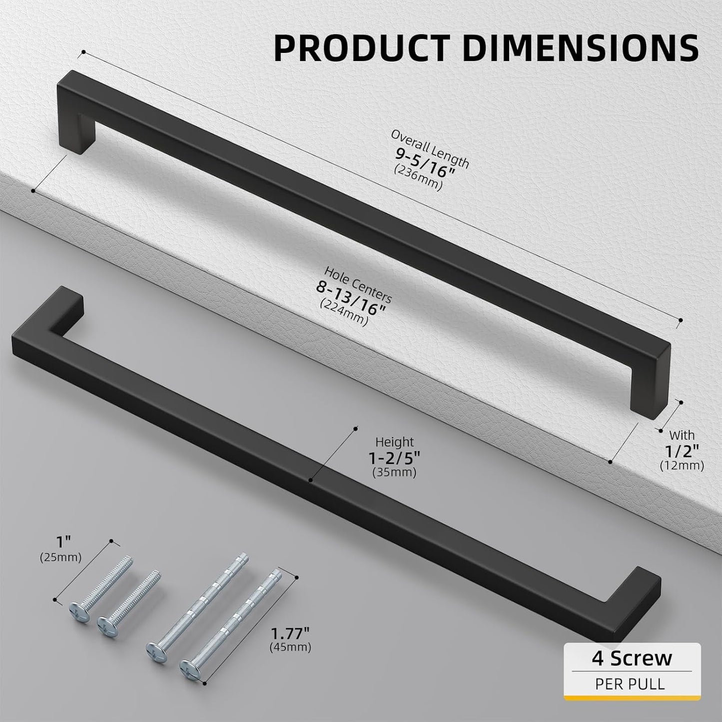 Black Matte Cabinet Pulls Goldenwarm Kitchen Bathroom Door Drawer Closet Hardware Handles Pulls, LSJ12BK224, 45 Pack 8 4/5 Inch in Hole Black Pull, Flat Square Bar Modern Drawer Pulls