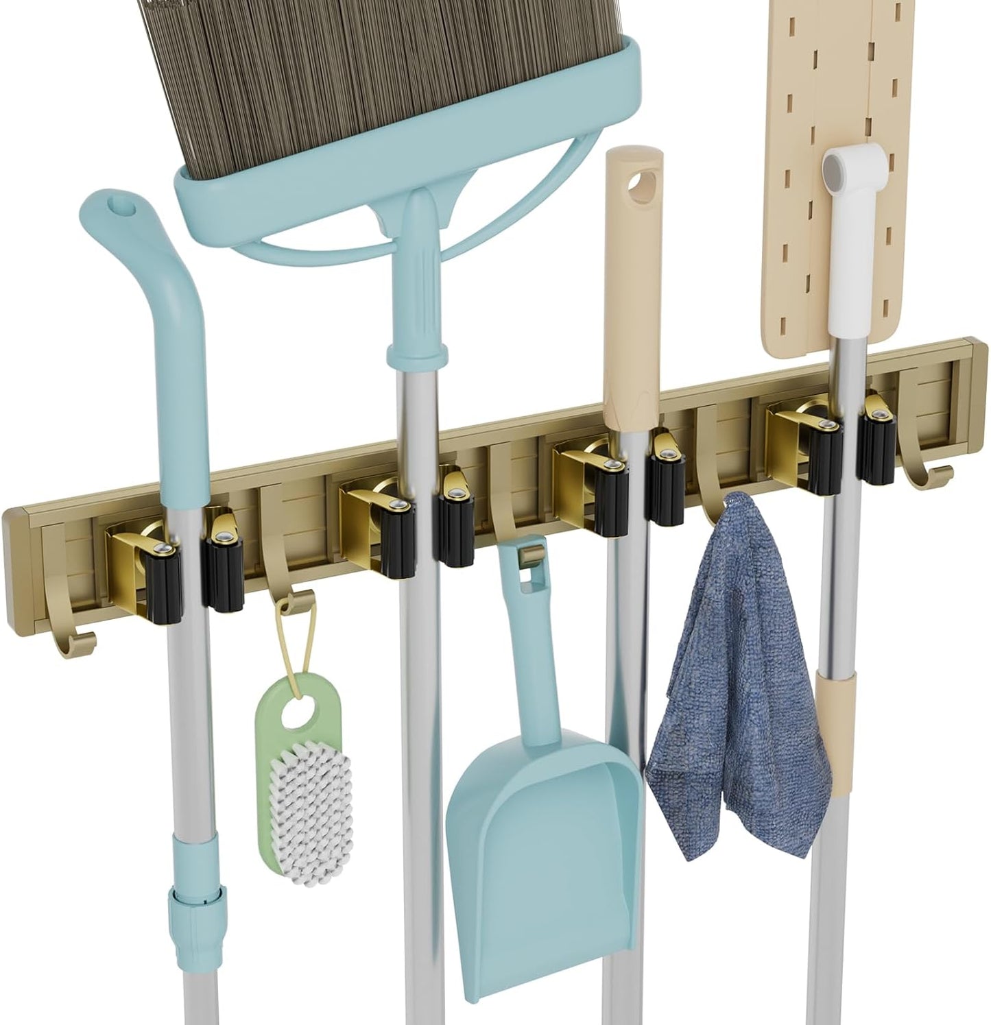 Broom Holder Wall Mount Mop and Broom Hanger Wall Mounted Garage Storage Rack Kitchen Garden Tool Organizer (4 Racks with 5 Hooks, Bronze)