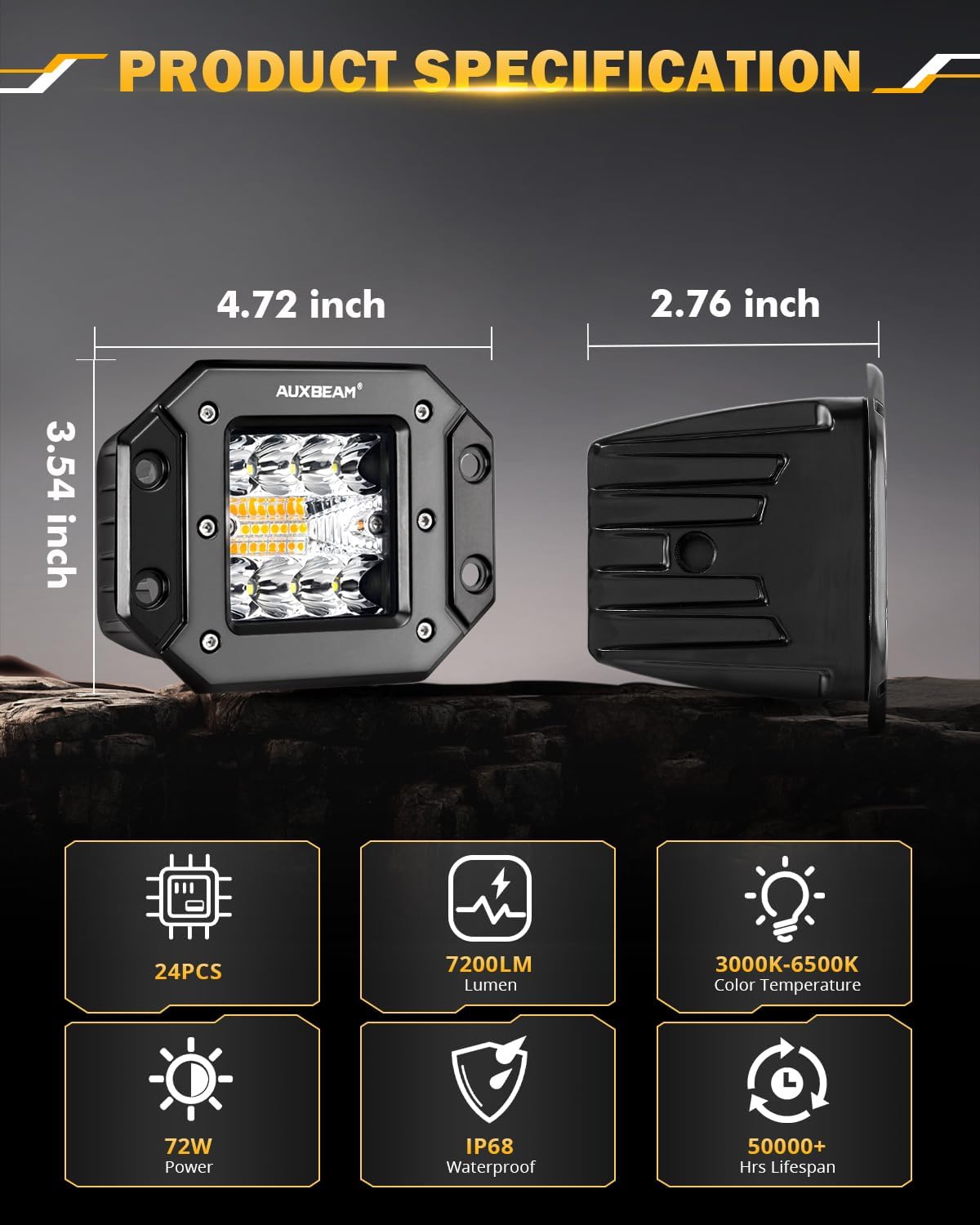 Auxbeam 5 Inch Flush Mount Led Light Pods, Amber Flush Mount Bumper Fog Lights 6 Modes Strobe Cube Pod Light Bar Yellow Spot Flood Offroad Driving Ditch Lights for Truck Jeep Car ATV