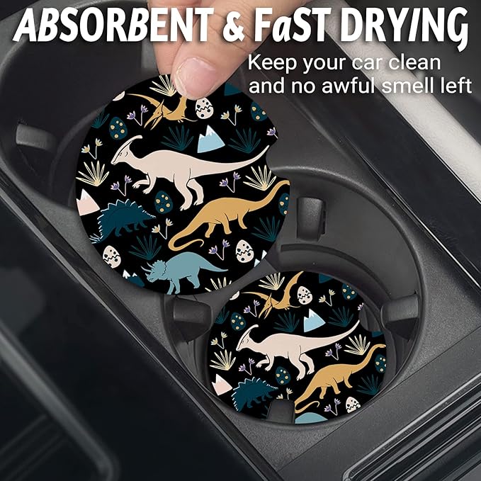Dinosaur Car Coasters - Anti-Slip Rubber Cup Mat with Finger Notch - 2 Pack for Car Cup Holders - Cute Interior Accessories for Women & Men
