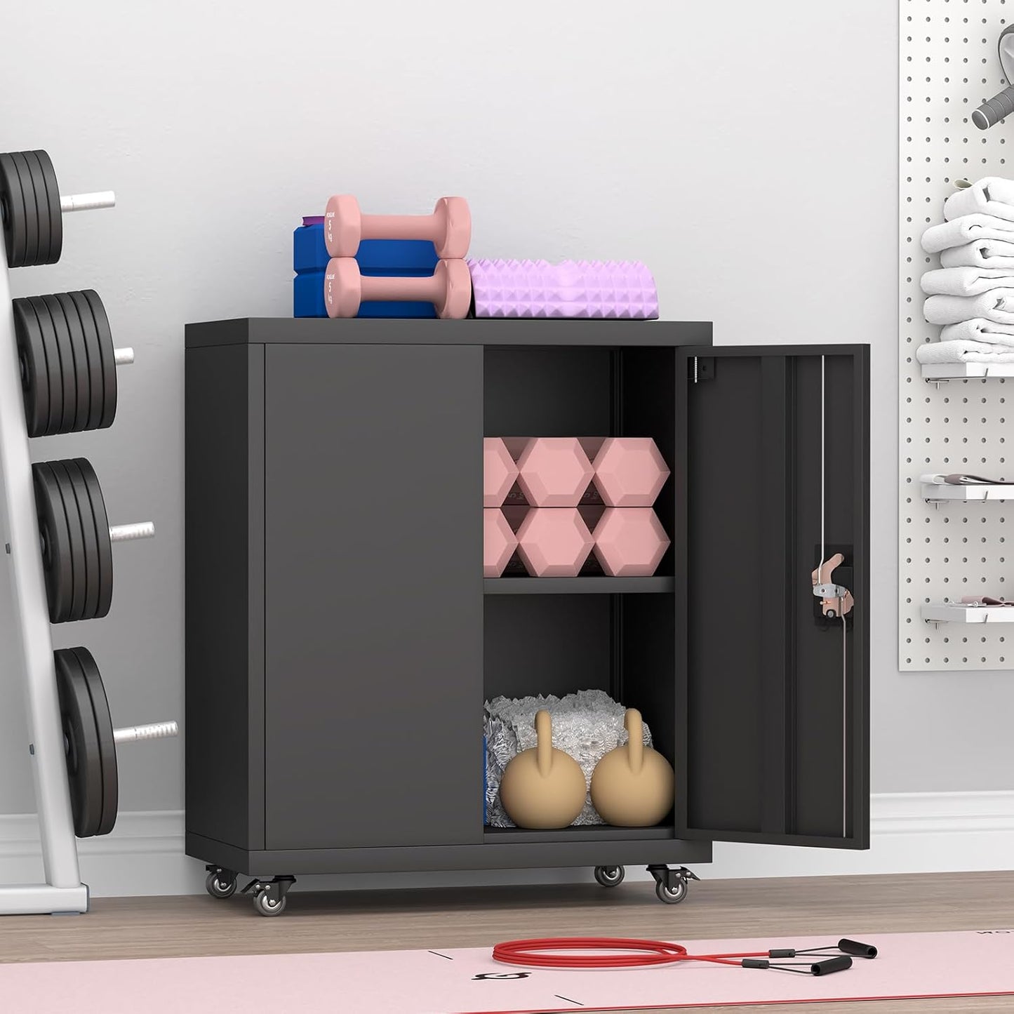 GREATMEET 31.5" H Metal Garage Storage Cabinet with Wheels, Lockable Garage Storage Cabinet with Adjustable Shelves for Home, Office,Kitchen