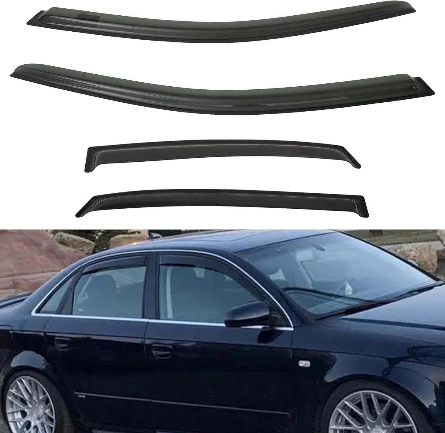 4pcs Front+Rear Smoke Tint Sun/Rain Guard Outside Mount Tape-On Vent Window Visors Compatible with 02-08 B6/B7 A4/A4 Quattro 04-08 S4/RS4 4-Door Sedan