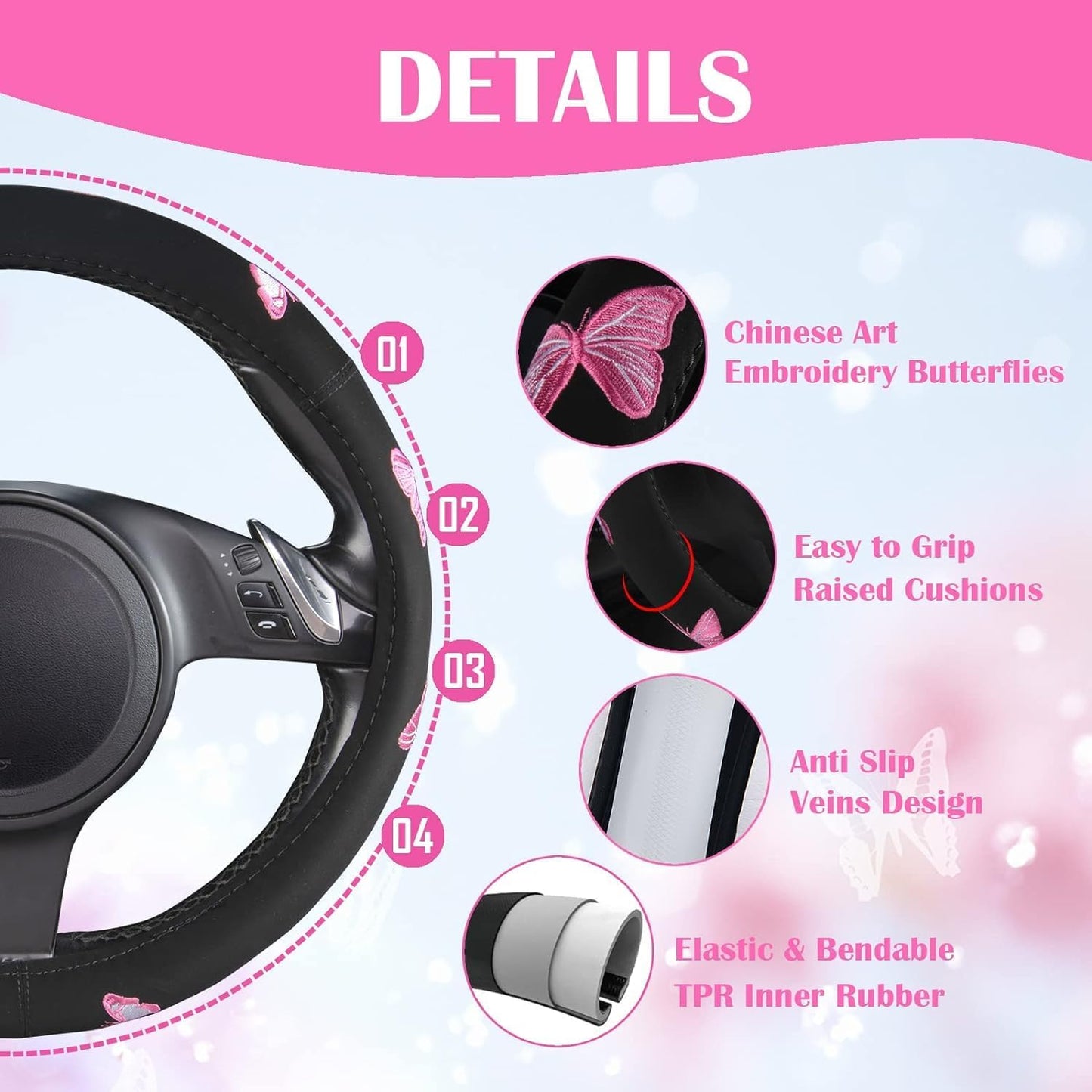 CAR PASS Pink Leather & Gaberdine Butterfly Car Seat Covers Full Set with Waterproof Car Floor Mats and Embroidered Butterflies Steering Wheel Cover for Interior Sets ((Black & Pink)