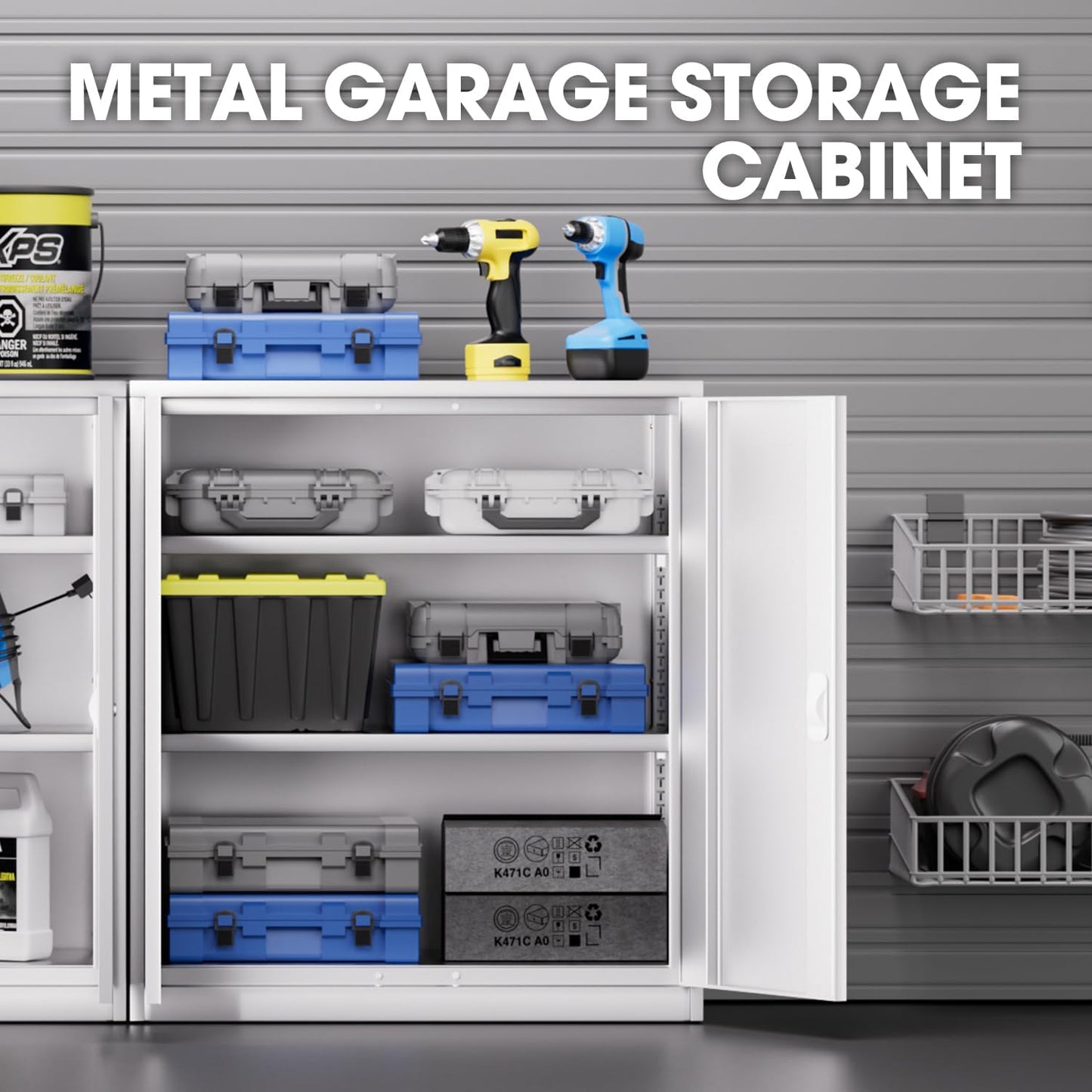 DNA MOTORING 36'' Metal Storage Cabinet, Locking Tool Cabinet with 2 Doors and 2 Adjustable Shelves, Heavy Duty Metal Locker for Garage,Office,Home,Gym, White, TOOLS-00631-WH-WH-A