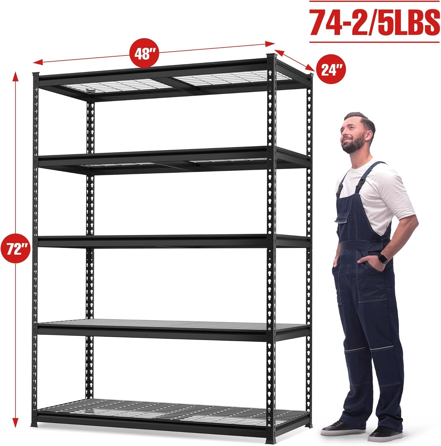 WORKPRO 5-Tier Metal Shelving Unit, 48”W x 24”D x 72”H, Heavy Duty Adjustable Garage Shelving, 4000 lbs Load Capacity (Total), Storage Rack for Garage, Basement, Warehouse, Workshop, 2 Pack
