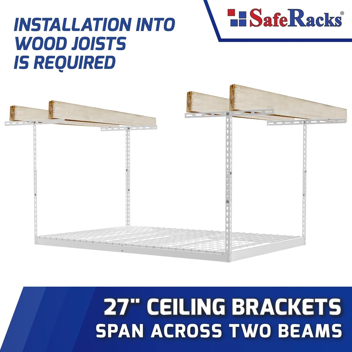 SafeRacks 4x6 Overhead Garage Storage Rack - Height Adjustable Steel Overhead Storage Rack - 500 Pound Weight Capacity (White, 18"-33")