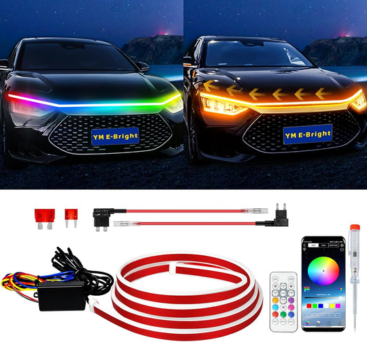 YM E-Bright Car Led Lights Exterior RGB Hood Light Strip Waterproof Multicolor Dynamic Scan Start Up Hoodbeam Kit DRL Daytime Running Lights for Cars,Truck,SUV,APP Control,12V 70inch