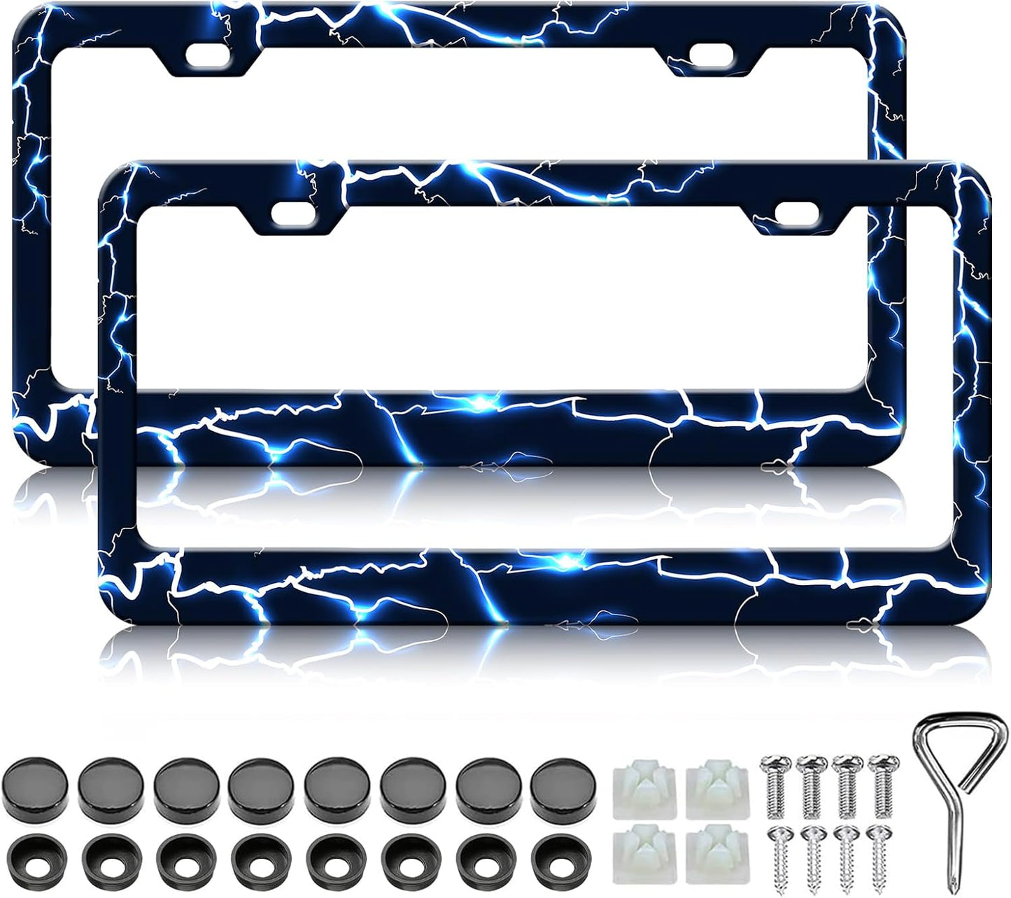 Blue Lightning License Plate Frames - 2 Pack Funny Thunder Stainless Steel License Plate Holder,Rust-Proof Waterproof Car Decorative Tag Frame with Screws Fasteners Caps