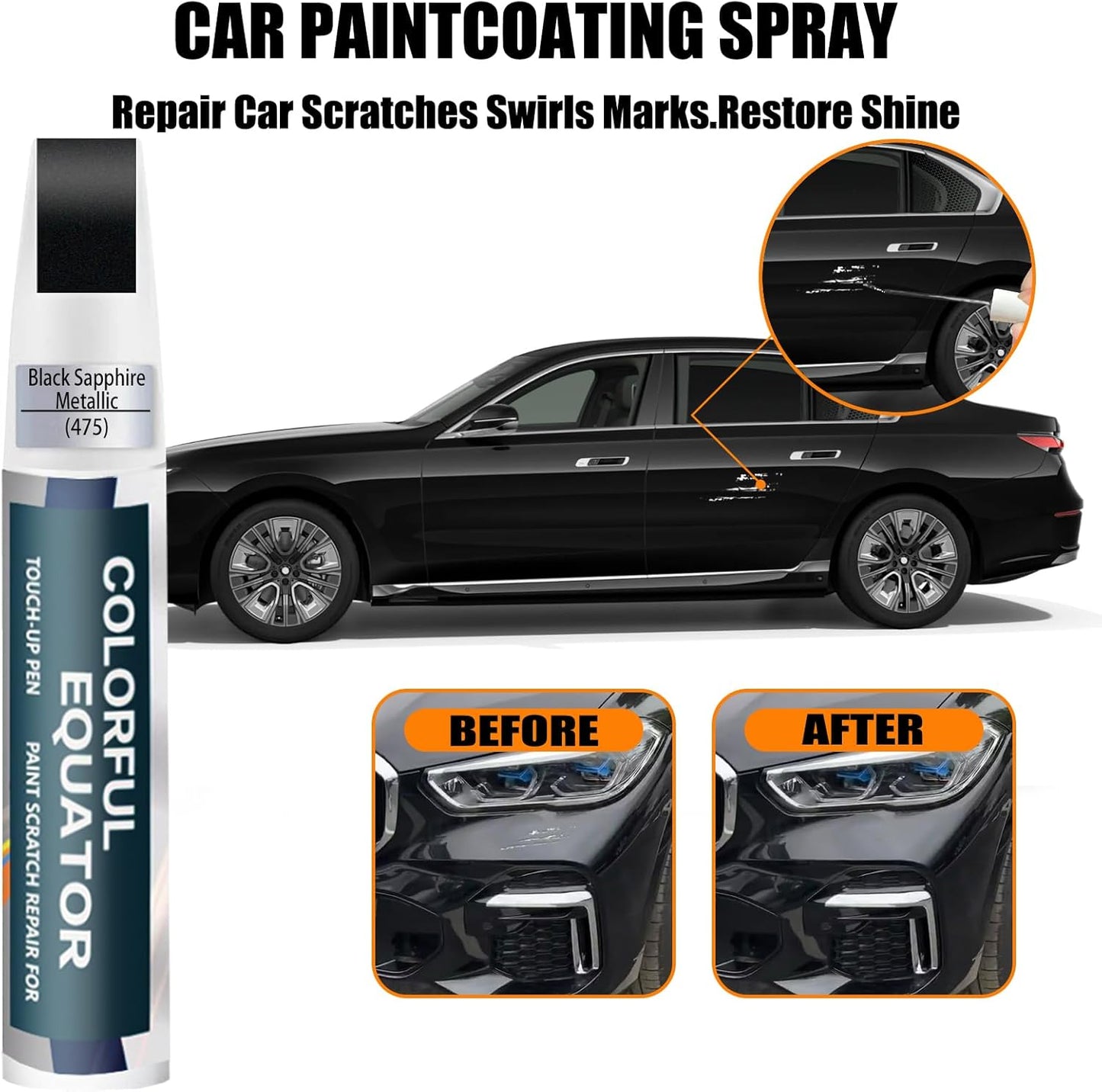 Black Sapphire Metallic(475) Touch Up Paint for BMW, Car Paint Pen Scratch Repair Two-In-One Touch Up Paint, Premium Car Scratch Remover for Deep Scratches