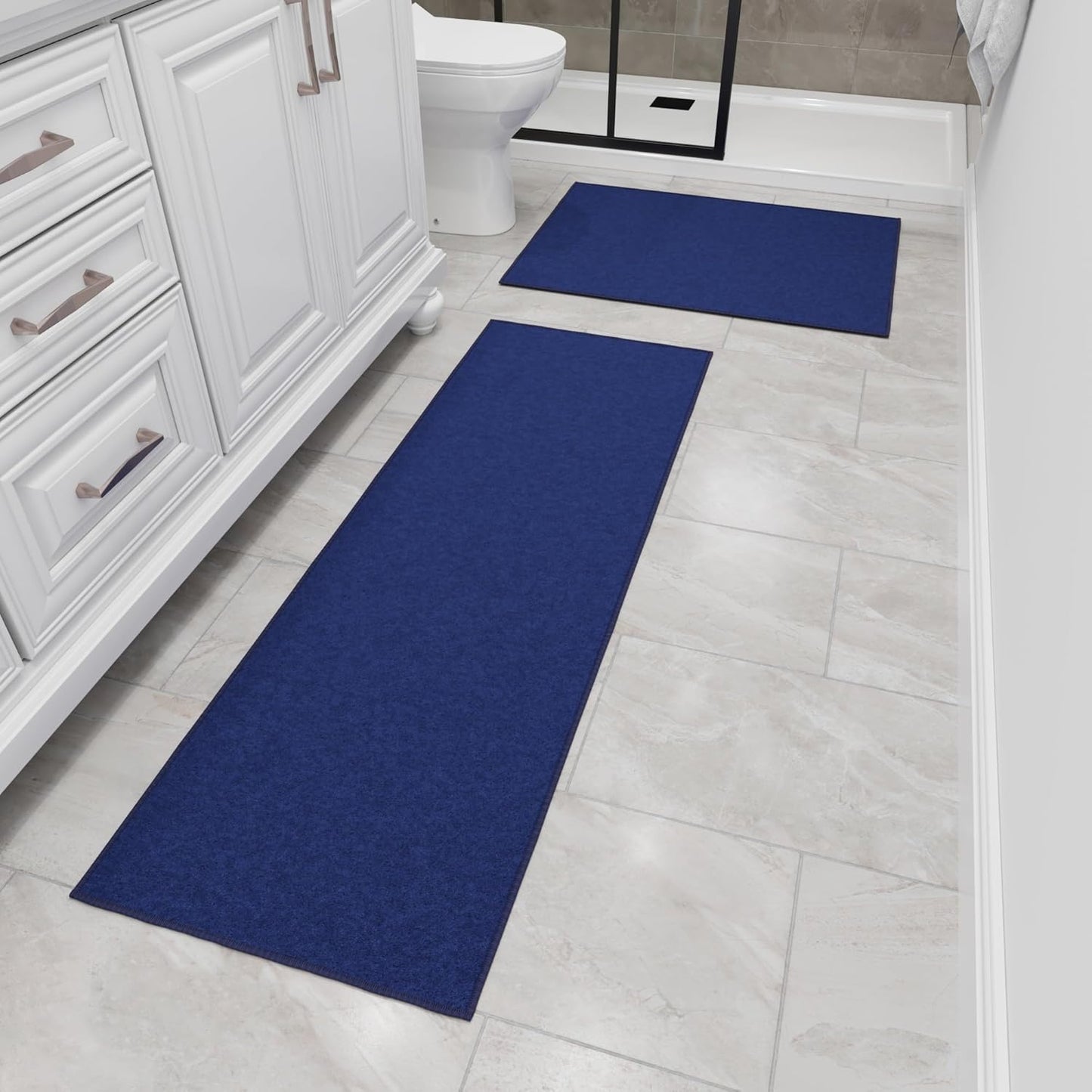 Ottomanson 2-Piece Kitchen Rug Set - Non Slip, Runner & Small Area Rug - Solid - 20" x 59" & 2'3" x 3' - Durable, Stain Resistant for Entryway, Bedroom and Bathroom, Navy