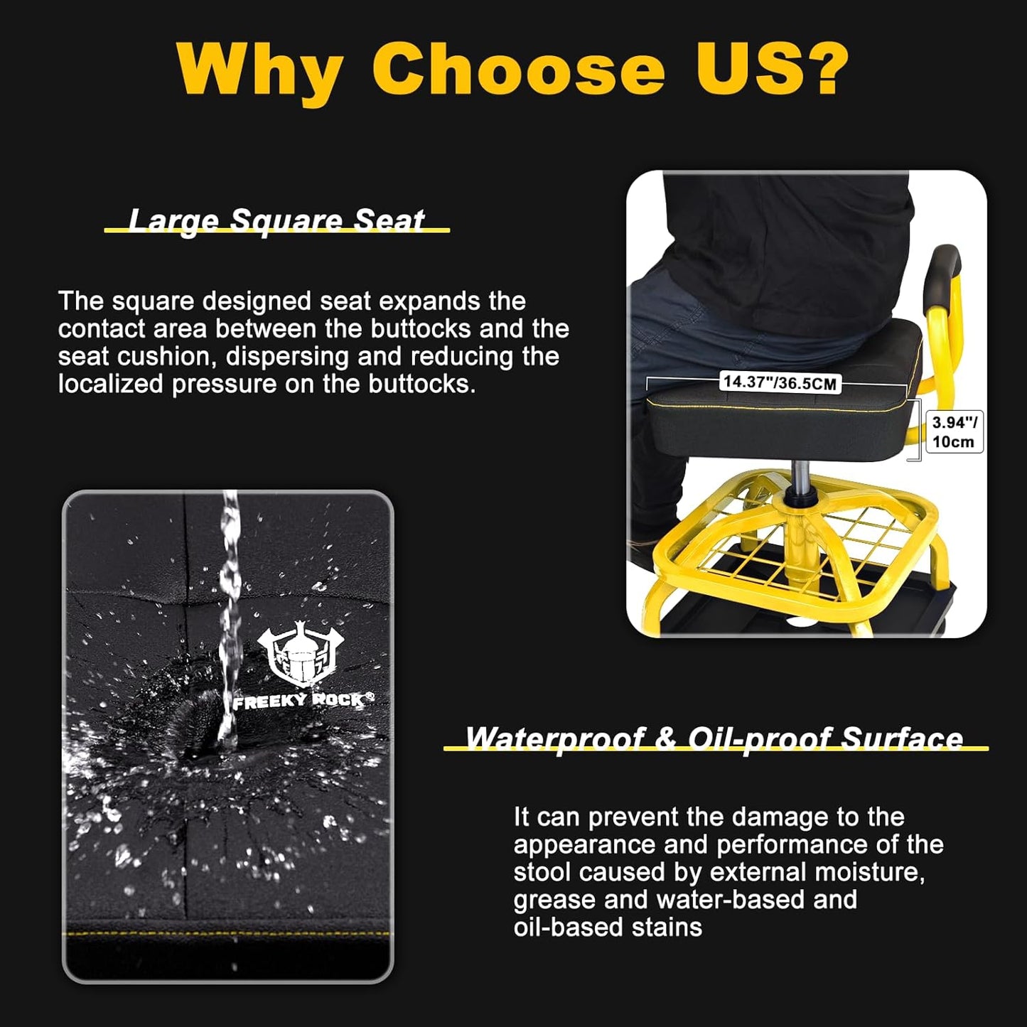 Rolling Shop Stool with Wheels, Garage Mechanic Shop Chair with Handle Backrest, Adjustable Height Work Stool, Roller Seat with Tool Tray Storage, Heavy Duty, 330 LBS Capacity, Yellow