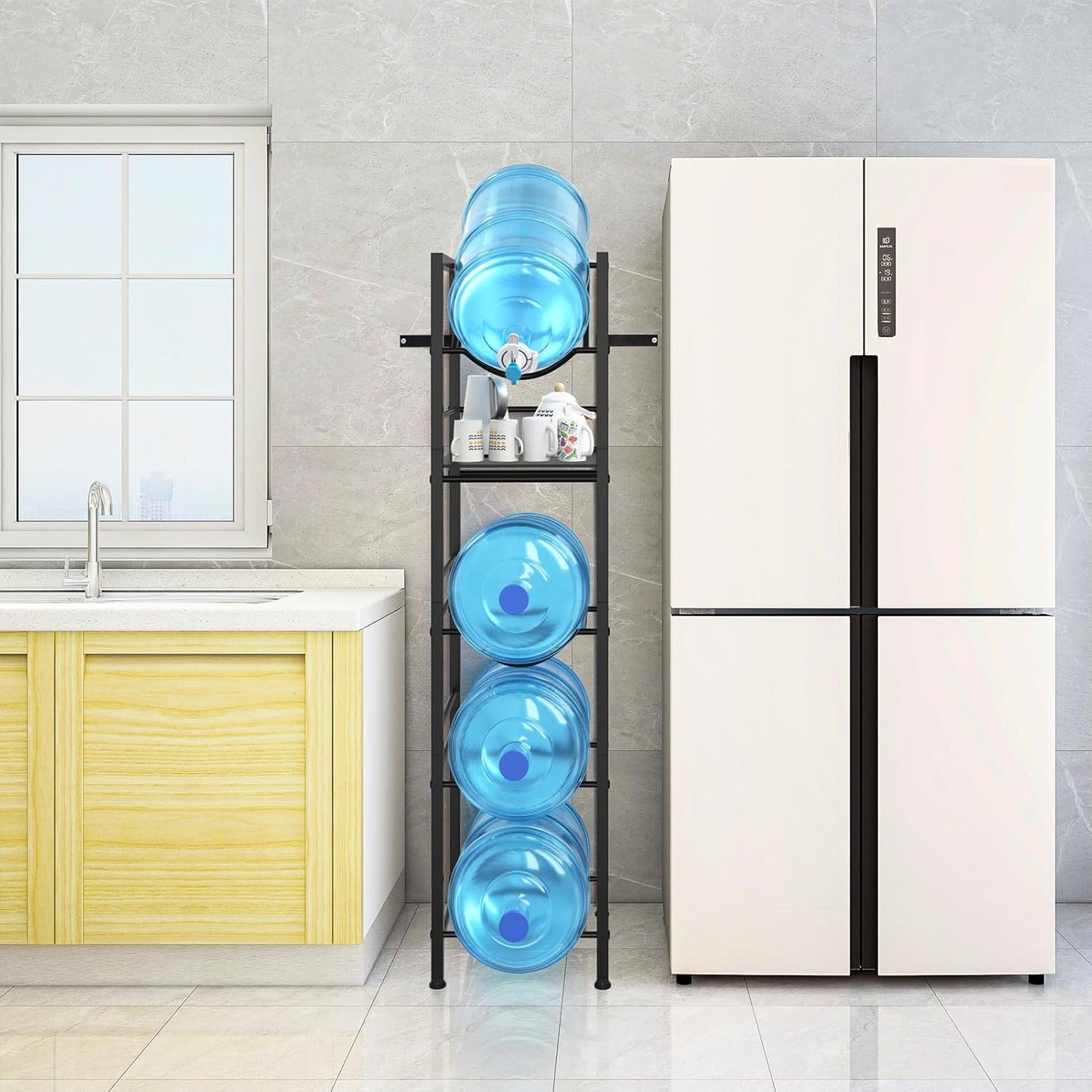 2-In-1 5 Gallon Water Jug Holder, 5 Tier Water Jug Stand Holder with 1 Dispenser Valves, 5 Gal Water Bottle Storage Rack Organizer for Kitchen, Office, Garage