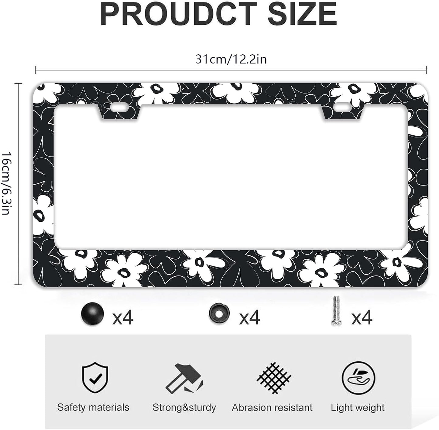 Black and White Flowers License Plate Frames - 2 Pcs Set 2 Holes Stainless Steel Metal Auto Car Accessories Decoration License Plate Frame Cover Size 6.3" x 12.2" Fit US Vehicles for Women Men Gift