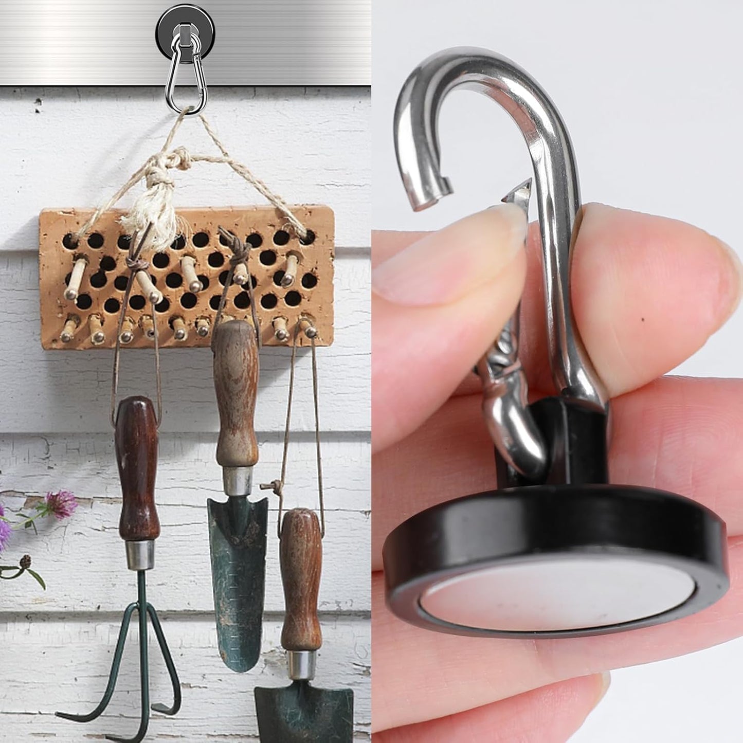 MIKEDE Strong Magnetic Hooks Heavy Duty, 200LBS+ Black Swivel Neodymium Magnets with Carabiner Hook, Hooks for Hanging, Curtain - 4 Pack