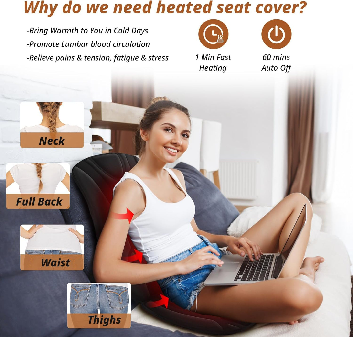 Heated Seat Cover Expanded in Heating Area Winter Seat Cushion for Home Office