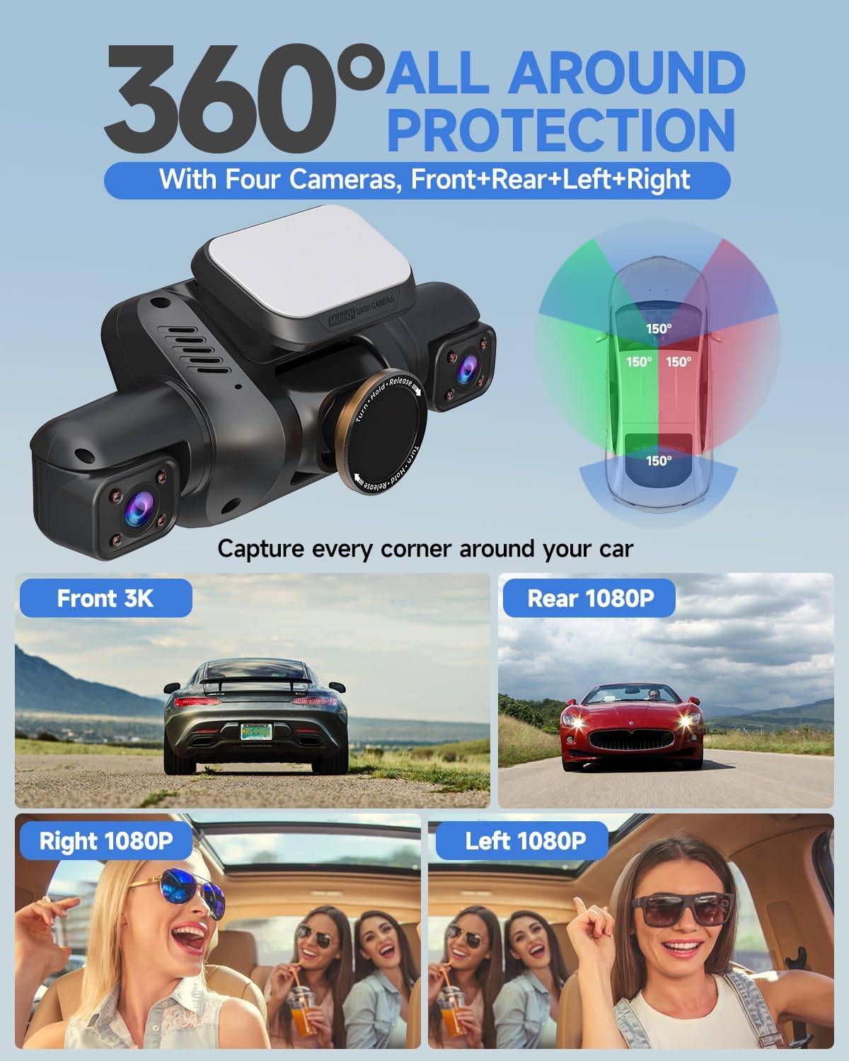 Dash Cam 4 Channel Front and Rear Inside, 360° Car Camera 4K UHD, Dash Camera for Cars Built-in Wi-Fi GPS, Dashcam with 64GB Card, Voice Control, CPL Filter, WDR Night Vision, 24H Parking Mode(V8PLUS)