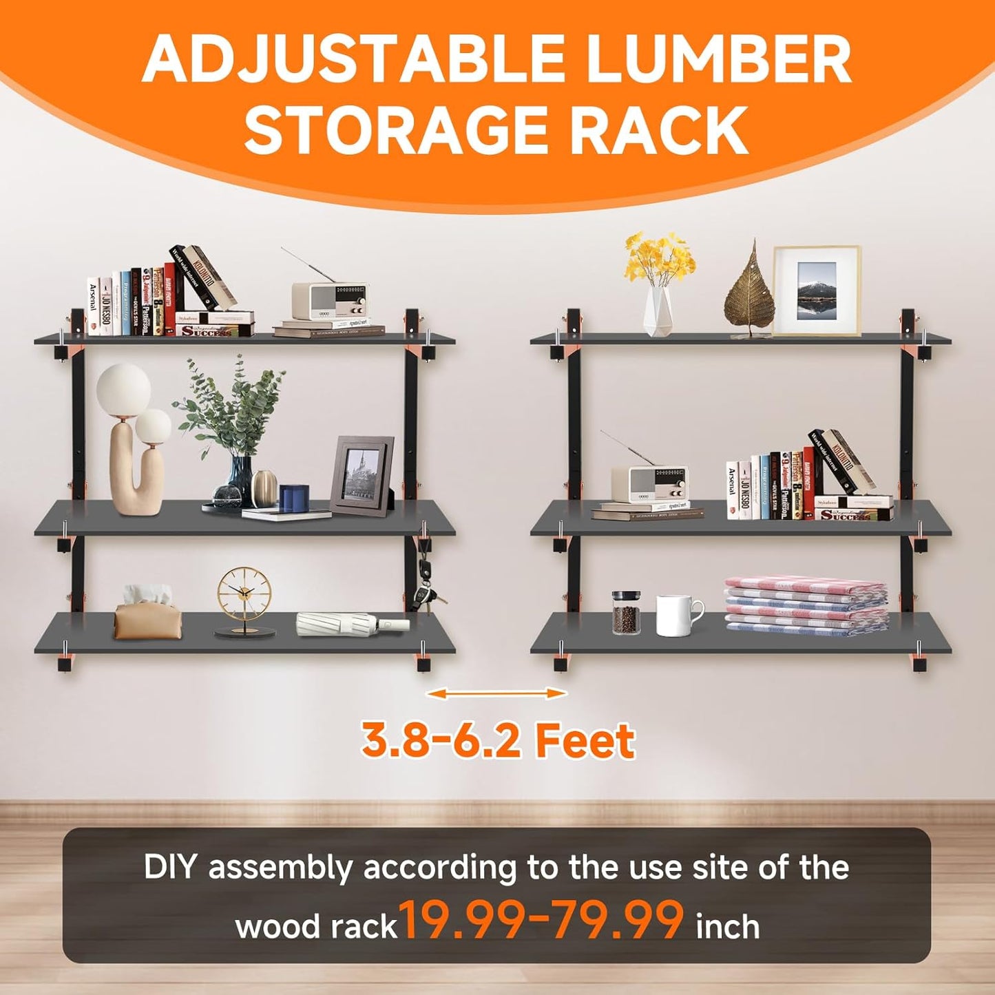 4 Pack Lumber Rack Wall Mount, Heavy Duty Wood Storage Racks, 6-Level System Organizer Shelving, 720 LBS Capacity Hanging Garage Shelves, Orange Brackets Utility Metal Shelf for Indoor and Outdoor