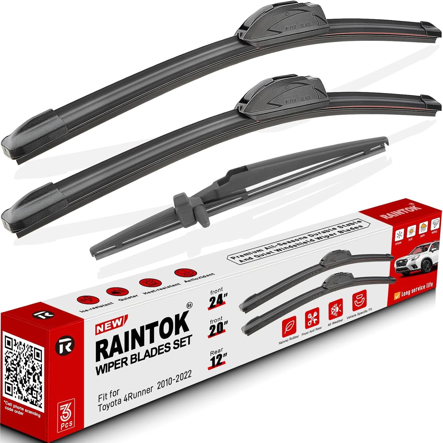 Windshield Wiper Blade Replacement for Toyota 4Runner 2010-2022 Original Equipment Replacement Front Rear Wiper Blades - 24" 20" 12" (Set of 3) U/J Hook