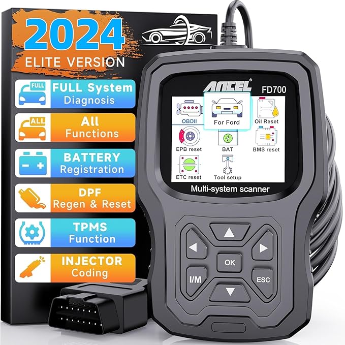 ANCEL FD700 Full System OBD2 Scanner Fits for Ford Lincoln Mercury Vehicles All Functions Automotive Disgnostic Scan Tool with Battery Registration ABS SRS SAS BMS Oil Reset TPMS Engine IQA EPB Regen