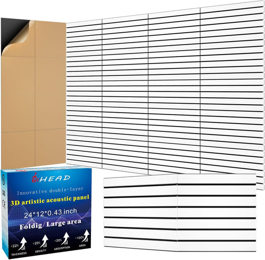 6 Pack 2-Layer Fold Soundproof Wall Panels, 24 x 12 x 0.43 in Large Sound Proof Foam Panels for Walls, 0.9lb/ft³ High Density, 3D Acoustic Panels,Artistic Noise Dampening Panels White&Black