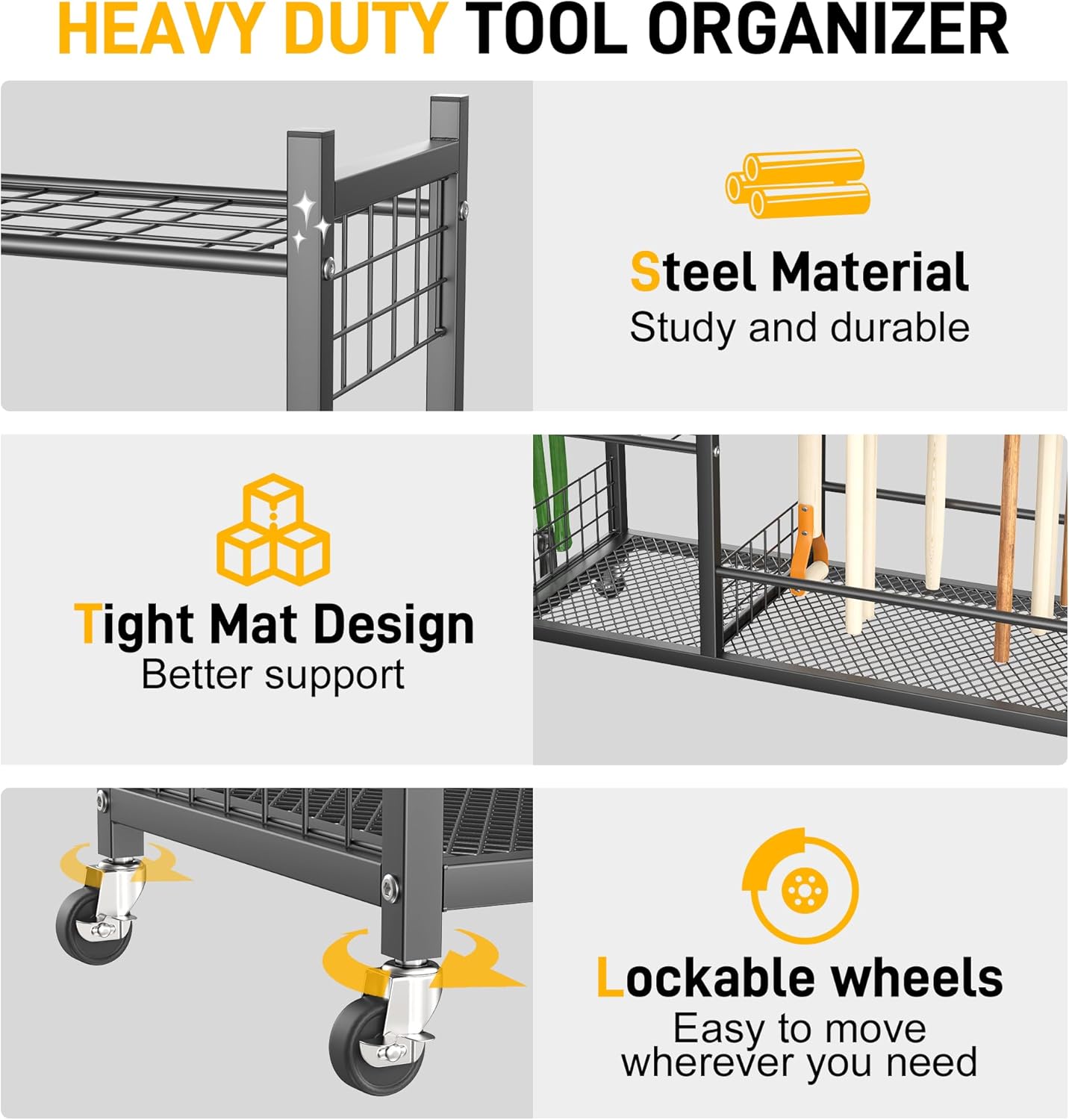Ultrawall Garden Tool Organizer, Yard Tool Storage Rack for Garage Organization with Lockable Wheels, Garden Tool Stand for Rake, Brooms, Indoor & Outdoor Use